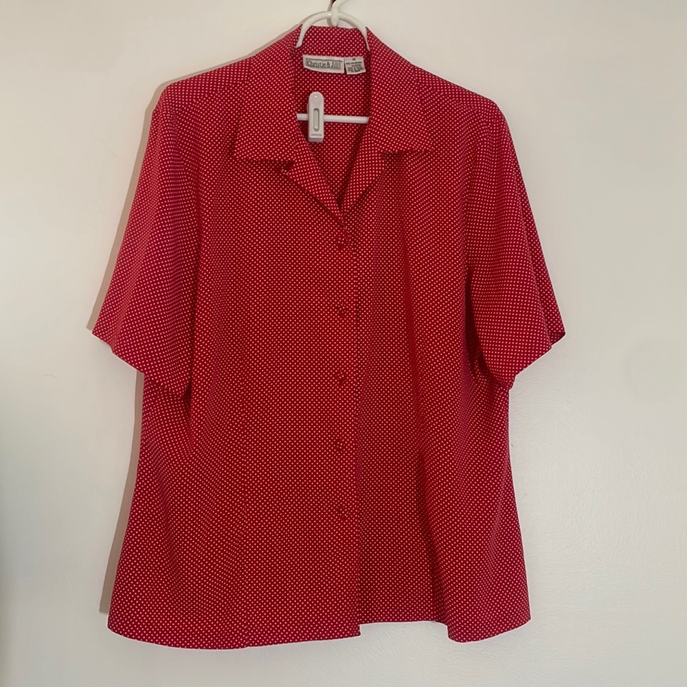 Red and white polka dot button down blouse